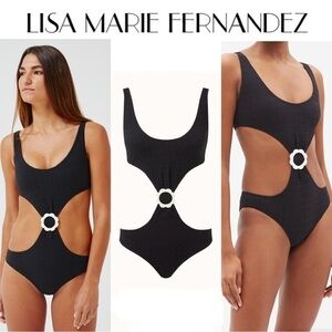 LISA MARIE FERNANDEZ Scalloped-buckle cutout seersucker swimsuit sz 0 395$